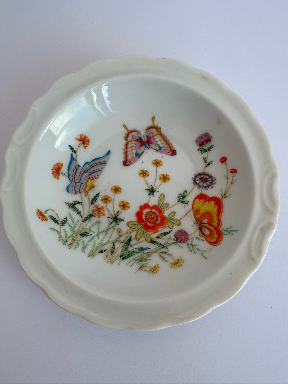 Butterfly Floral Trinket Dish 4.75” Scalloped Porcelain Cottagecore Plate